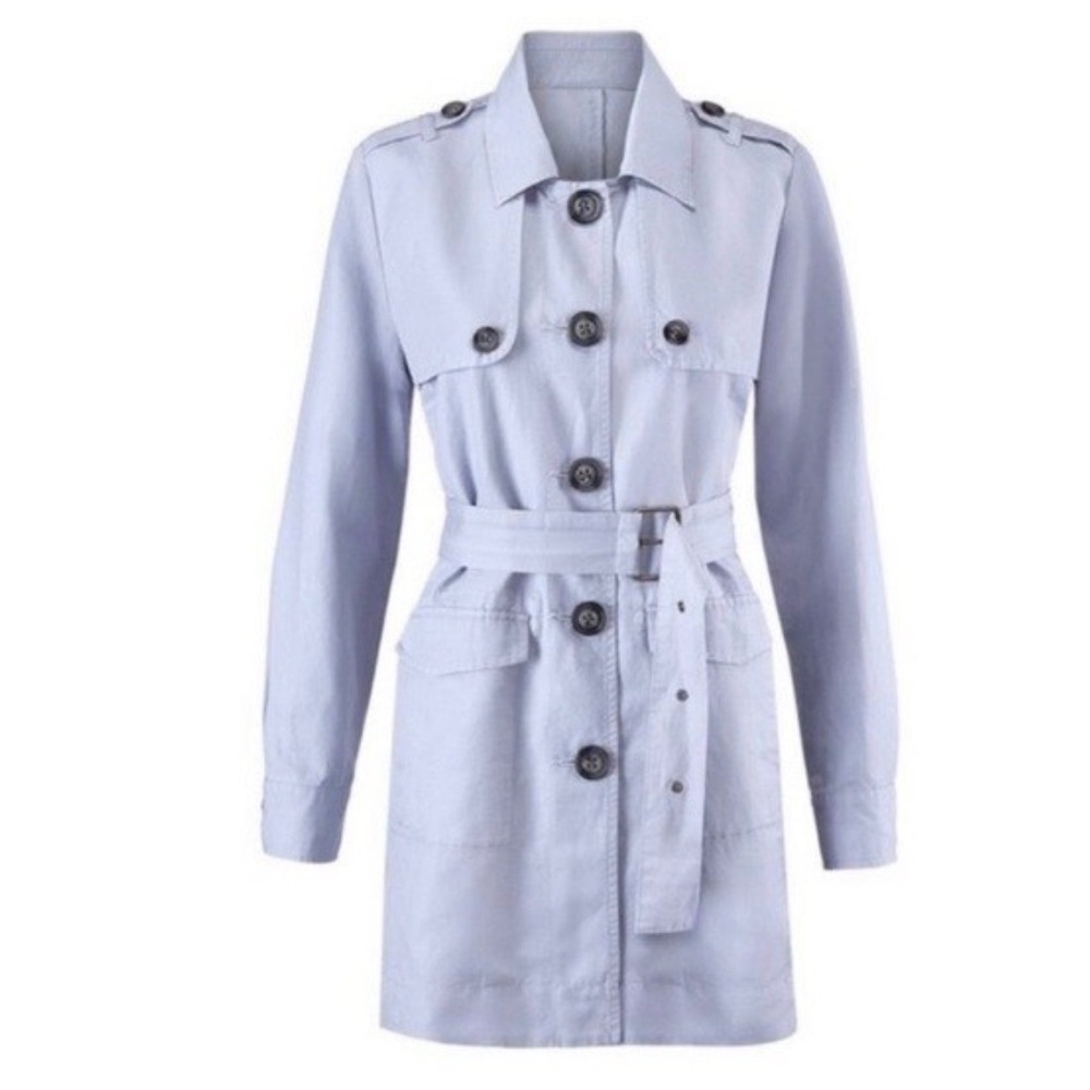 CAbi Womens Periwinkle Blue Belted Trench Coat Utility Jacket Button Front